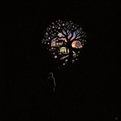 The primary subject of the image is a man standing under a tree. The setting is a nighttime scene with a house in the background. The visual style is a digital art or illustration, creating a surreal and dreamy atmosphere. The colors are predominantly dark, with the tree and house being the main sources of light.
